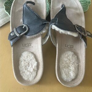 UGG Gunmetal Metallic Leather Sandals with Shearling Lining